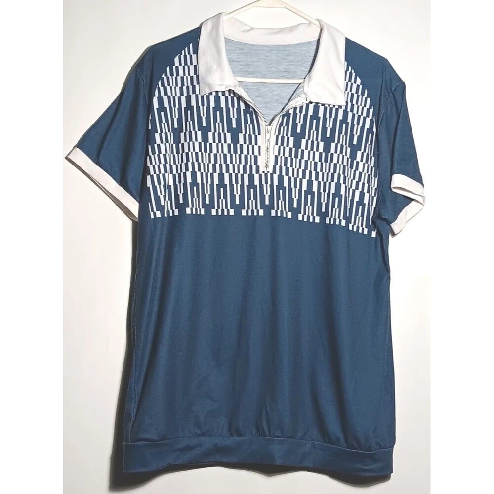 Mens Casual Polo Sport Shirt Short Sleeves Zipper Size XL Navy Blue